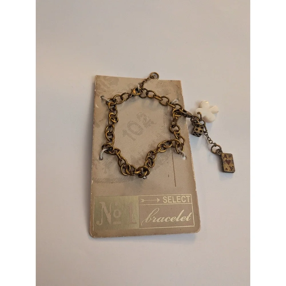 Vintage Style Gold Tone Charm Bracelet Dice Clover Ace of Hearts Gambling Luck